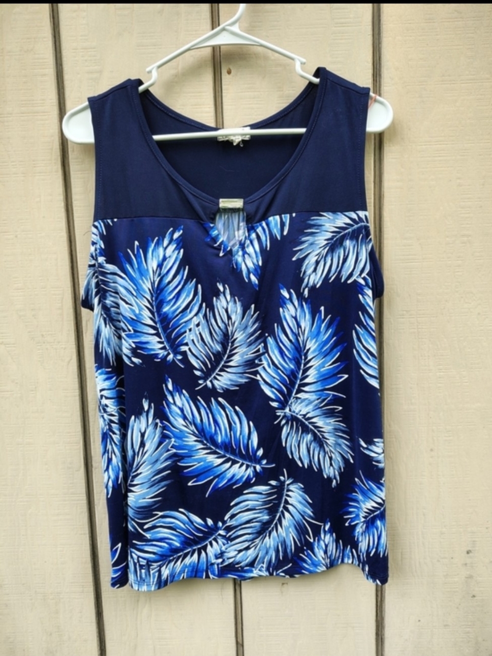 Emi & Joe Sleeveless Tropical Palm Leaf Print Top XL Navy Blue Casual Breezy